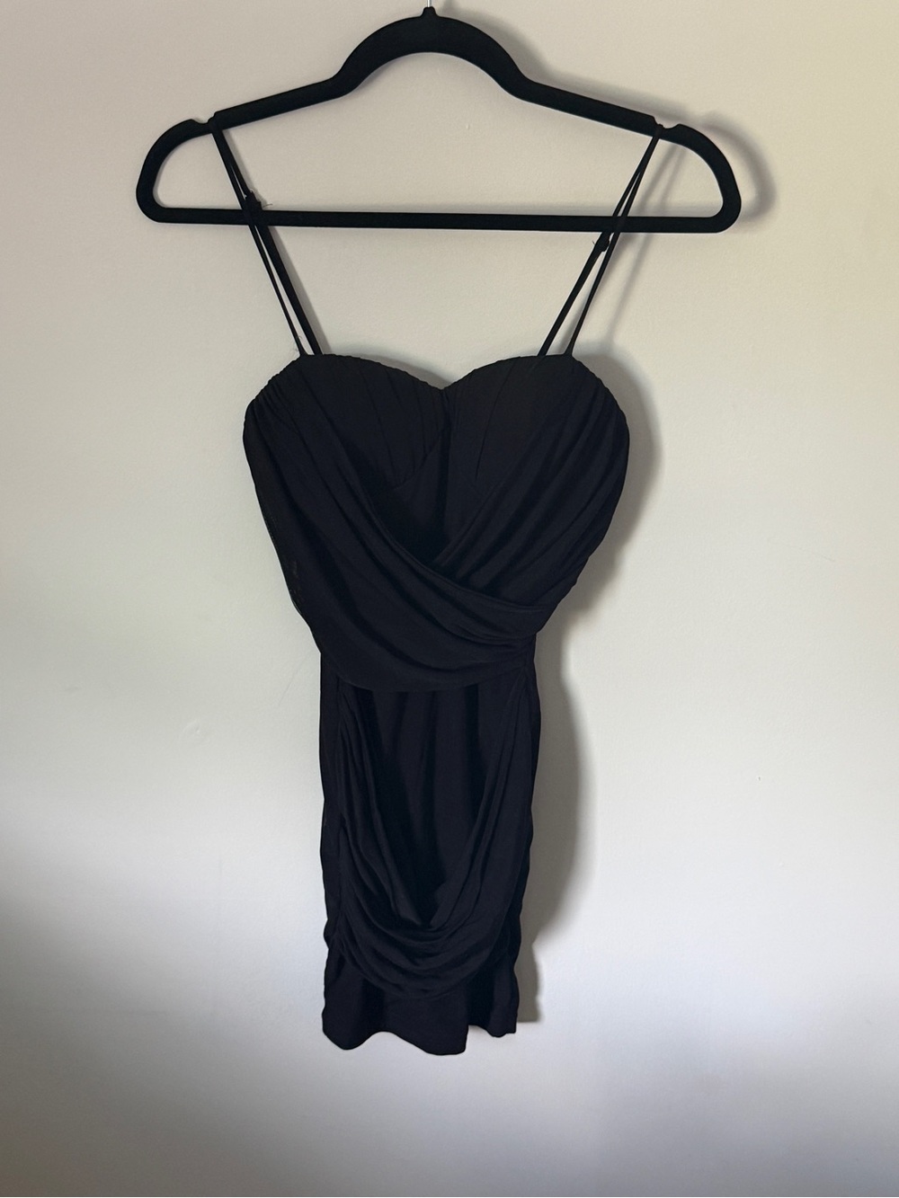 Black Draped Sweetheart Mini Dress with Spaghetti Straps